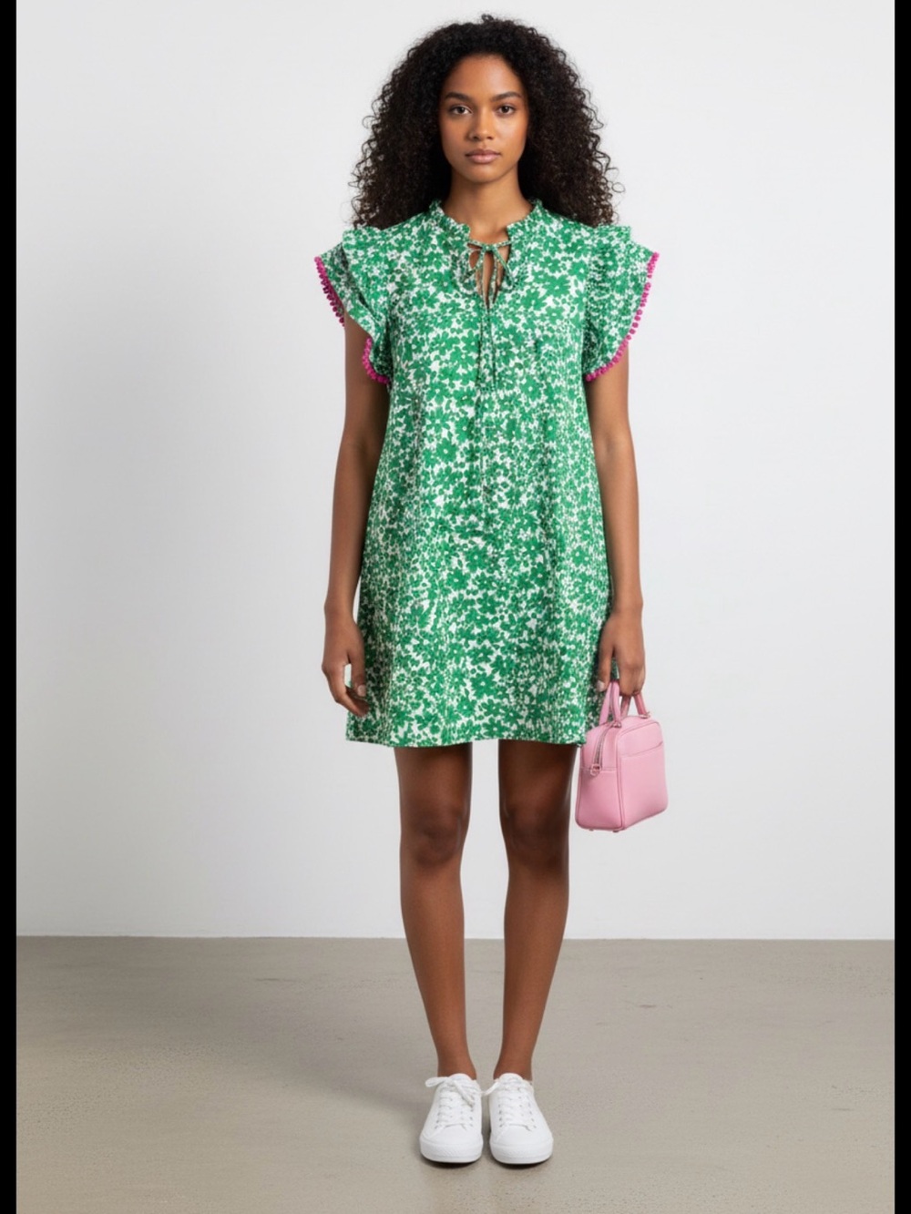 Green Floral Mini Dress with Pink Trim